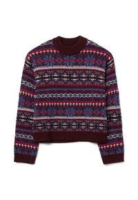 Der Strickpullover hat eine kastanienbraune Basis mit mehrfarbigen geometrischen Mustern. Rundhalsausschnitt, lange Ärmel und gerippte Bündchen am Saum.