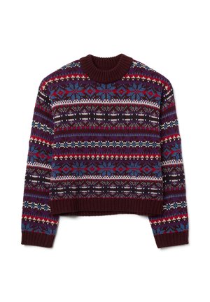 El suéter de punto presenta una base color marrón oscuro con patrones geométricos multicolores. Cuello redondo, mangas largas y puños acanalados en el dobladillo.