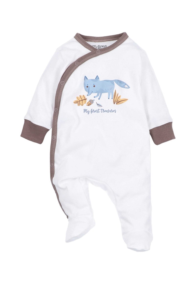 Witte babysnut met bruine afwerking, drukknoopjes en een blauwe vosillustratie omringd door bladeren en de tekst "Mijn bos schatten."