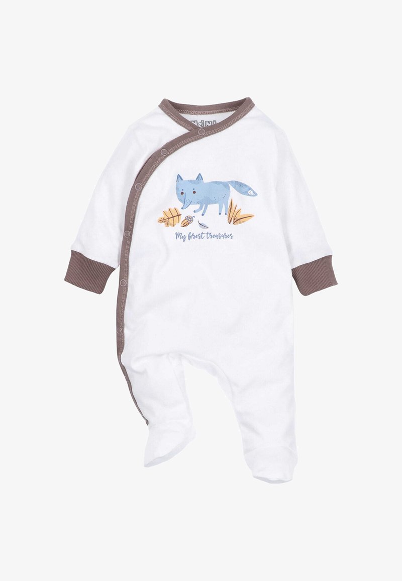 Weißer Baby-Body mit braunem Saum, Druckknöpfen und einer blauen Fuchsillustration, umgeben von Blättern, sowie dem Text "Meine Waldschätze".