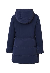 Cappotto invernale imbottito blu navy con cappuccio, maniche lunghe e sezioni trapuntate, mostrato di spalle.