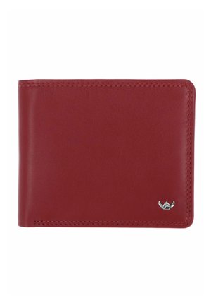 Portefeuille en cuir rouge pliable avec une couture soignée et un petit emblème argenté en forme de cornes dans le coin inférieur droit.