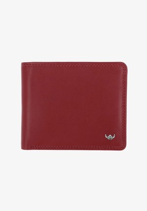 Portafoglio bifold in pelle rossa con cuciture ordinate e piccolo emblema argentato con corna nell'angolo in basso a destra.