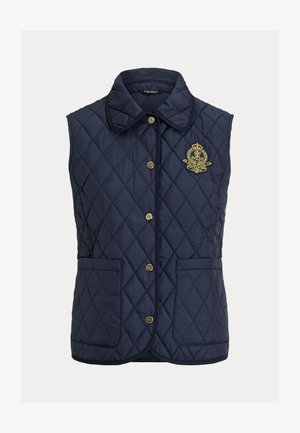 Tmavomodrá prešívaná bezrukávová vesta s zapínaním na gombíky, dvoma prednými vreckami, golierom a vyšívaným zlatým erbom na ľavej strane hrudníka.