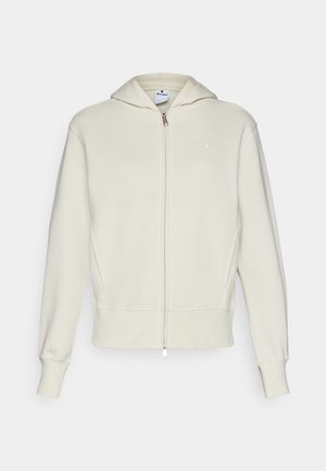 Cremfarbener Pullover mit Reißverschluss, Kapuze, gerippten Bündchen und Saum sowie einem kleinen Logo auf der linken Brust. Glattes Baumwollmischgewebe.