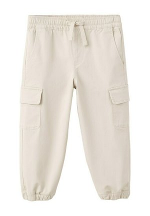 Beige cargo pants with elastic waistband and cuffs, drawstring tie, side pockets, and flap cargo pockets on each thigh.
