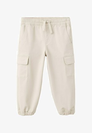 Beżowe spodnie bojówki z elastycznym paskiem w talii i ściągaczami, sznurkiem do wiązania, bocznymi kieszeniami oraz patkami na kieszeniach cargo na obu udach.