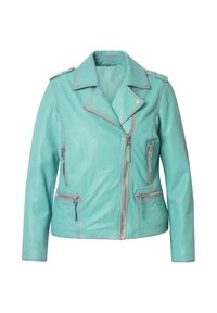 Türkisfarbene Leder-Motorradjacke mit silbernen Reißverschlüssen, Reverskragen und zwei frontalen Reißverschlusstaschen. Leicht strukturierte Oberfläche.