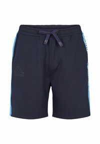 Ciemnogranatowe szorty z miękkiego materiału, z pasem na sznurek, niebieskimi akcentami po bokach oraz subtelnym nadrukiem logo Kappa.