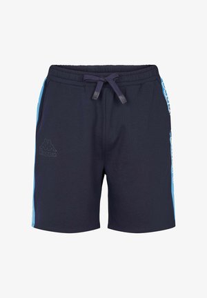 Tamno mornarsko plave kratke hlače od mekanog materijala, s elastičnim pojasom sa vezicama, plavim bočnim detaljima i Kappa logotipom u diskretnom tisku.