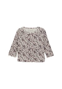 Langärmliges Top in Off-White mit floralem Muster in Dunkel-Lila und Burgunderrot. Weicher, strukturierter Stoff mit rundem Ausschnitt.