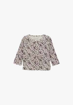 Langarmtop in off-white met een bloemenpatroon in donkerpaars en bordeaux. Zacht, textuurachtig materiaal met een ronde halslijn.