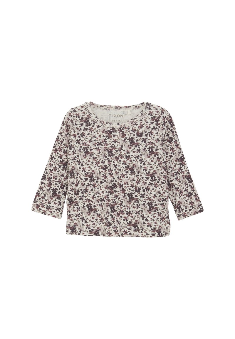 Langärmliges Top in Off-White mit floralem Muster in Dunkel-Lila und Burgunderrot. Weicher, strukturierter Stoff mit rundem Ausschnitt.