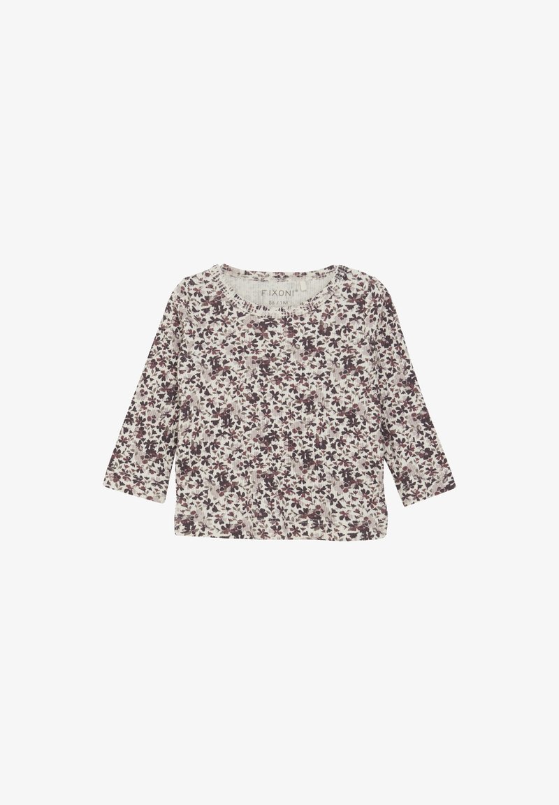 Langärmliges Top in Off-White mit floralem Muster in Dunkel-Lila und Burgunderrot. Weicher, strukturierter Stoff mit rundem Ausschnitt.