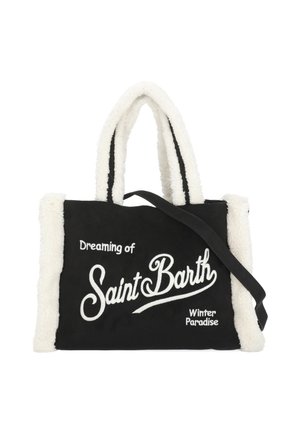 Borsa a tracolla bianca e nera con rifiniture morbide bianche, testo "Dreaming of Saint Barth Winter Paradise" e due manici più una tracolla.