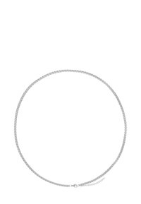 Collana in argento con design a maglie quadrate piatte, dotata di chiusura a moschettone e lunghezza regolabile. Texture liscia e colore uniforme.