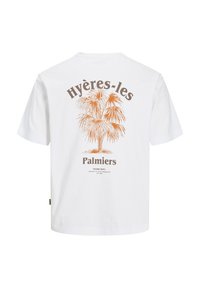 Witte T-shirt met korte mouwen met een oranje palmboomafbeelding en tekst "Hyères-les Palmier" op de achterkant. Gemaakt van katoen.