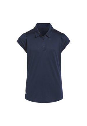 Polo de manga corta azul marino con tres botones y cuello, que muestra un pequeño logo blanco cerca del dobladillo inferior.