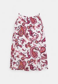 Gonna di cotone con uno sfondo bianco che presenta un vivace motivo paisley in tonalità di viola, rosso e arancione. Vita elastica per il comfort.