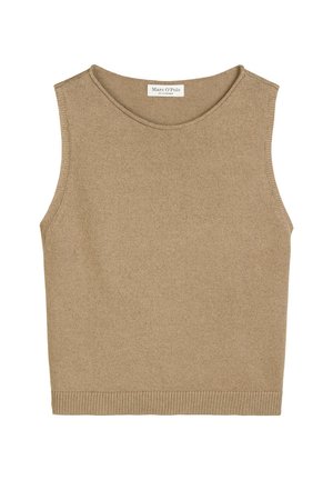 Beige knitted sleeveless top with a round neckline, ribbed hem, and textured fabric. Simple, straight-cut design without embellishments.