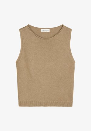 Beige gebreide mouwloze top met een ronde halslijn, geribbelde zoom en textielstructuur. Eenvoudig, recht gesneden ontwerp zonder versieringen.