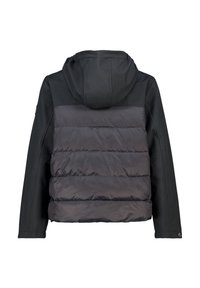 Mustat takki, joka sisältää pufferelementtejä, tumman tekstuuri keskiosan, hupun ja sileät mustat hihat. Saumadetaljit ovat näkyvissä.