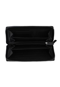 Sort læderpung, lynlåsdesign, flere kortpladser, to rum, glat tekstur og hardware i sølvfarve.