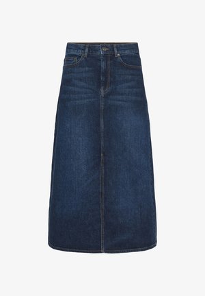 Tummansinisestä denimistä valmistettu midi-hame, jossa on suora leikkaus, etusauman yksityiskohta ja normaali vyötärö. Viimeistelty näkyvillä ompeluksilla.