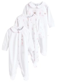Trois grenouillères blanches pour bébé, en coton doux. L'une est brodée avec un ours rose et un lapin, une autre à pois, toutes avec des accents de col.