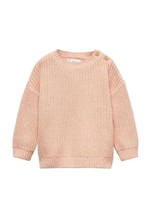 Miękki różowy sweter dziany z długimi rękawami, ściągaczami na mankietach i dole oraz dwoma drewnianymi guzikami na jednym ramieniu.