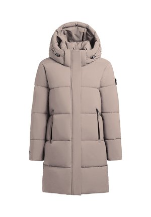 Gevoerde jas in lichtbeige met een hoge kraag, een ritssluiting aan de voorkant en twee zijzakken. Heeft doorstikte gedeelten en een capuchon.