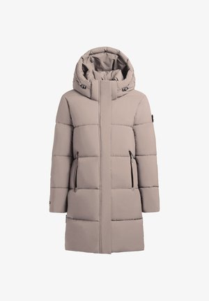 Padded coat in light beige with a high collar, zippered front, and two side pockets. Features quilted sections and a hood.