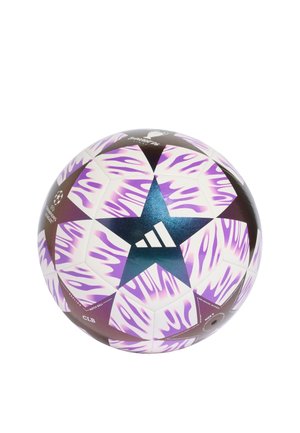 Balón de fútbol Adidas de la UEFA Champions League con patrón de estrellas en púrpura y blanco, con detalles en negro, diseño oficial para partidos.