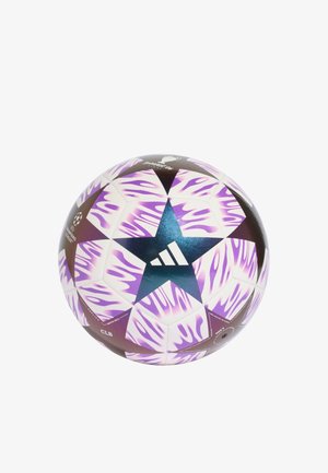 Fotbalový míč Adidas UEFA Champions League s fialovým a bílým hvězdným vzorem a černými akcenty, design oficiálního zápasového míče.