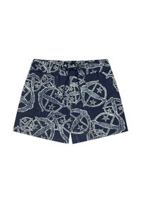 Marinblå badshorts med ett vitt stjärn- och cirkelmönster, med en dragsko i midjan och en slät yta.