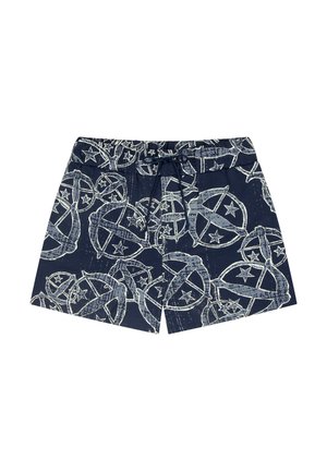 Marinblå badshorts med ett vitt stjärn- och cirkelmönster, med en dragsko i midjan och en slät yta.