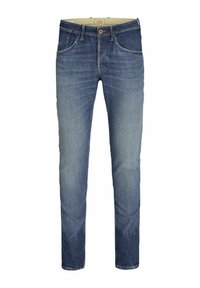 Jean en denim bleu foncé, coupe droite, avec un léger délavage, cinq poches et une fermeture à bouton unique avec une fermeture éclair en métal.