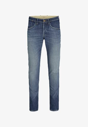 Sötétkék farmernadrág, egyenes szárú fazonban, diszkrét fakulással, öt zsebbe és egy gombos záródással, fém cipzárral.