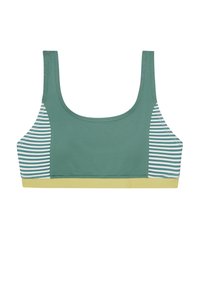 Reggiseno sportivo verde con un motivo a strisce sui lati e un bordo giallo nella parte inferiore. Realizzato in un materiale liscio e elasticizzato.