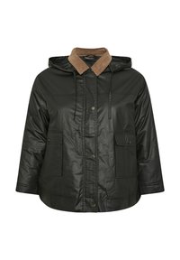 Veste noire, imperméable, avec capuche, col en velours côtelé marron, poches à pression à l'avant et taille ajustable par cordon, dotée d'une texture lisse.