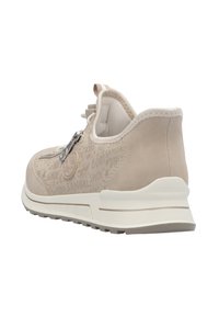 Beige sneaker with suede and patterned fabric, featuring a side zipper, textured accents, and a cushioned sole for comfort.