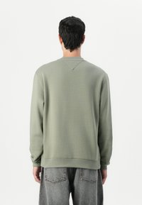 Lichtgroene sweatshirt met ronde hals, lange mouwen en geribbelde manchetten en zoom. Bevat een V-stikseldetail op de rug. Gekleed met grijze jeans.