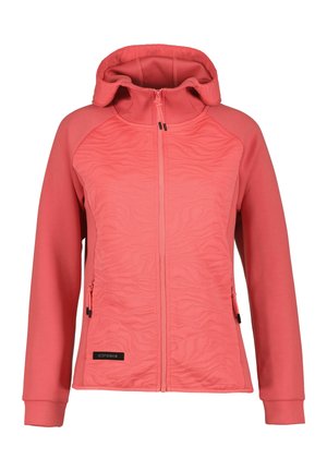 Coral pink women's zip-up hoodie with textured front panel, side zip pockets, fitted cuffs, and attached hood.