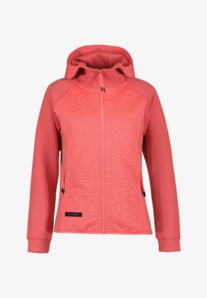 Coral pink women's zip-up hoodie with textured front panel, side zip pockets, fitted cuffs, and attached hood.