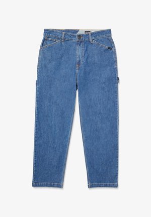 Blue denim pants with a relaxed fit, five-pocket design, and light stitching. Features belt loops and a button closure at the waist.