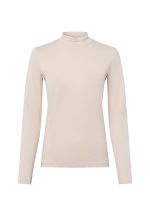 Langärmliges Turtleneck-Oberteil in Hellbeige, aus glattem Stoff mit enger Passform und minimalen Nähten.