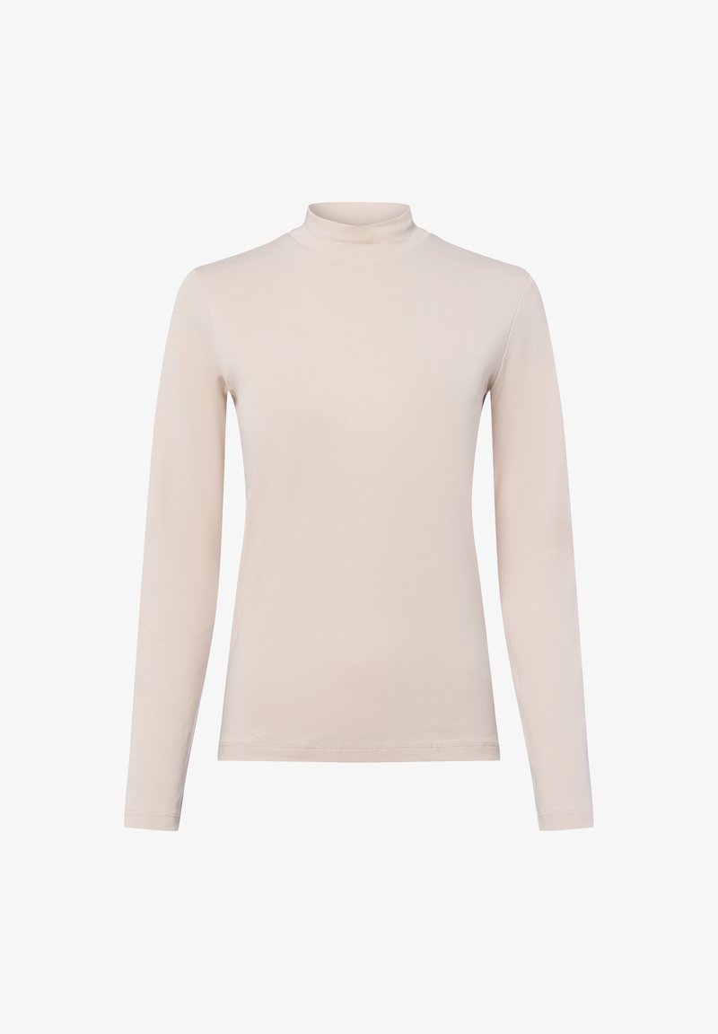 Langärmliges Turtleneck-Oberteil in Hellbeige, aus glattem Stoff mit enger Passform und minimalen Nähten.