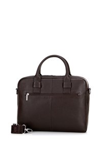 Bruine leren laptoptas met twee handgrepen aan de bovenkant, een voorvak met rits en een afneembare schouderriem. Gelaagde oppervlakte, slank rechthoekig design.
