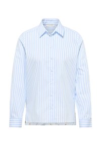 Blue and white striped button-up shirt, featuring a classic collar, long sleeves, and subtle detailing at the hem. Made of lightweight fabric.