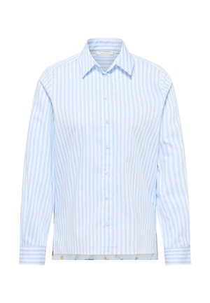 Blå- og hvidstribet skjorte med knapper, der har klassisk krave, lange ærmer og diskrete detaljer ved sømmen. Lavet af letvægtigt stof.